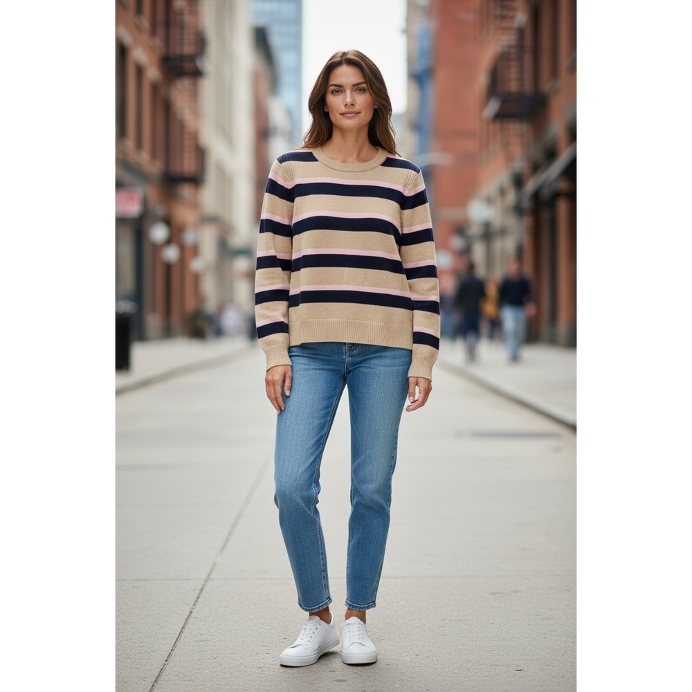 Crown & Ivy Womens Medium Petite Striped Sweater Pink Beige Crew Long Sleeve‎